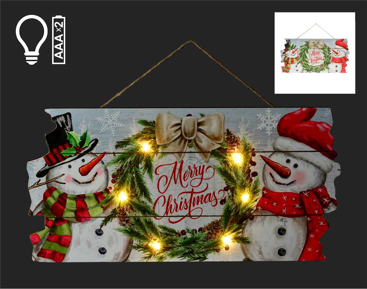 16 x 8 inch LED Sign with Snowmen Wreath and Merry Christmas - Z1943-T