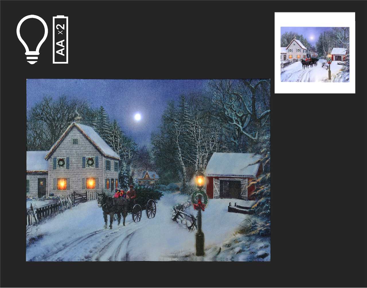 16 x 12 inch LED Canvas with Carriage Christmas Winter Scene - Z4234 - T