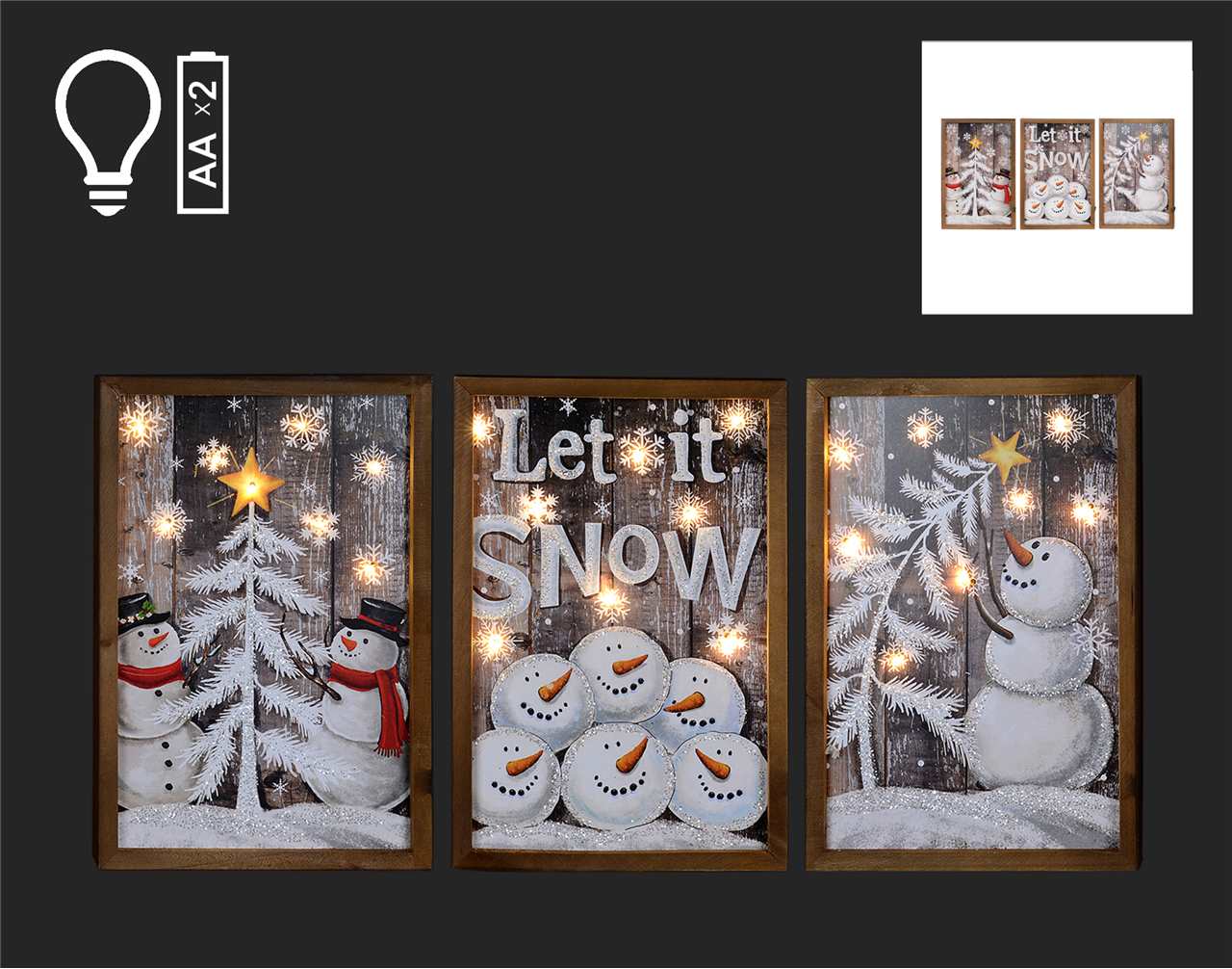 (3 Assorted) 12 x 8 inch Frosted Snowmen Framed LED Sign - Z7876-T