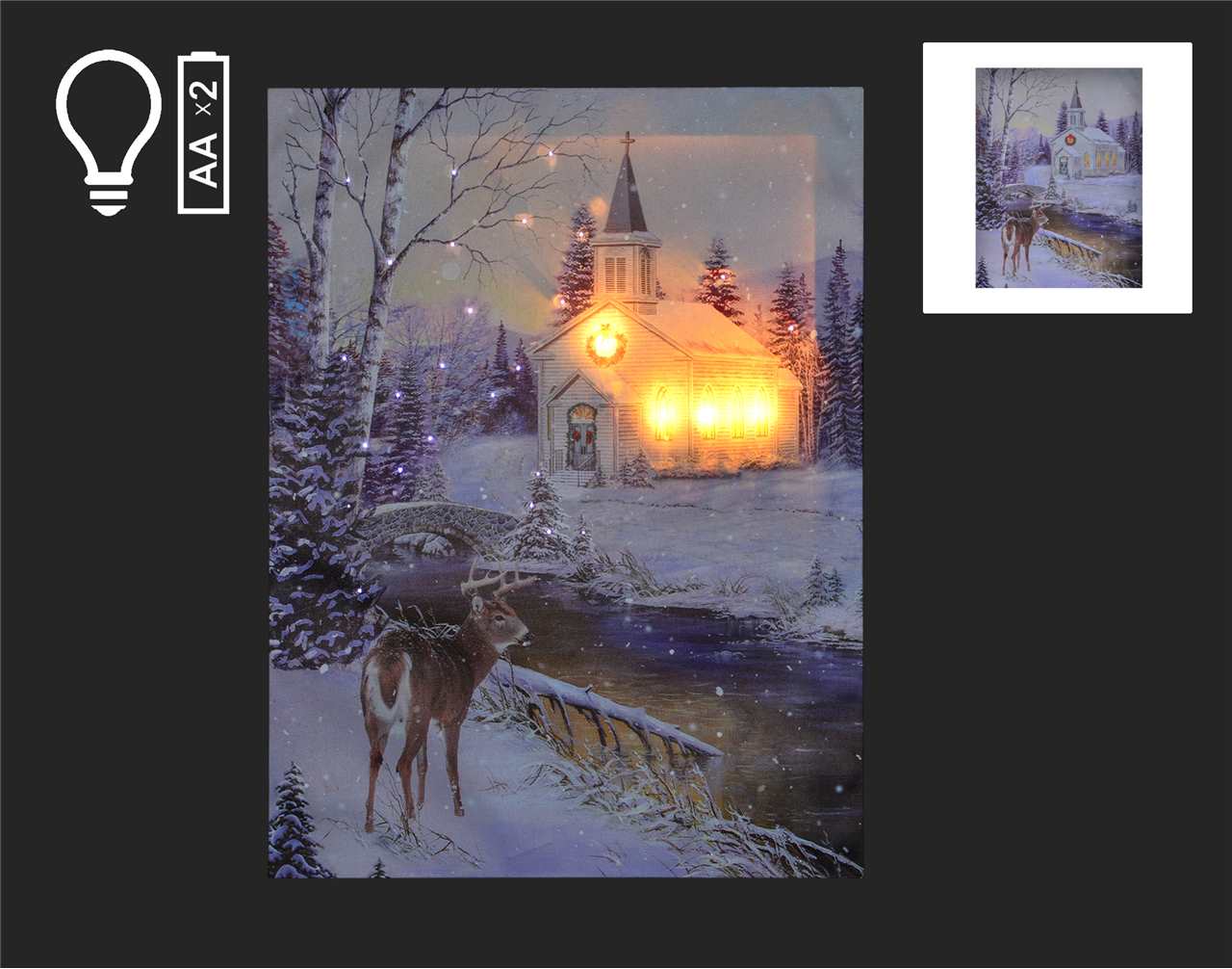 12 x 16 inch LED Canvas with Church and Deer - Z8021 - T