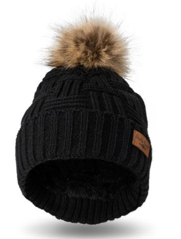 (FC) Britt’s Knits® Originals Plush-Lined Pom Hat Collection - Black - Stocking Stuffer