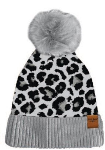 (FC) Britt’s Knits Snow Leopard Pom Hat - Gray - Stocking Stuffer