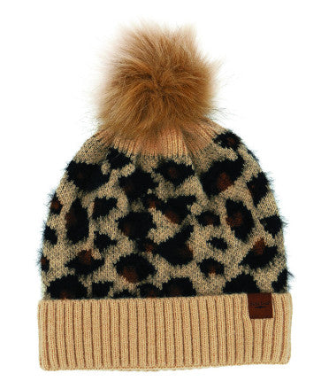 (FC) Britt’s Knits Snow Leopard Pom Hat - Tan - Stocking Stuffer