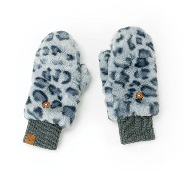 (FC) Britt’s Knits Snow Leopard Plush Mittens - Blue - Stocking Stuffer