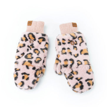 (FC) Britt’s Knits Snow Leopard Plush Mittens - Pink - Stocking Stuffer