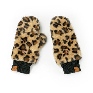 (FC) Britt’s Knits Snow Leopard Plush Mittens - Tan - Stocking Stuffer