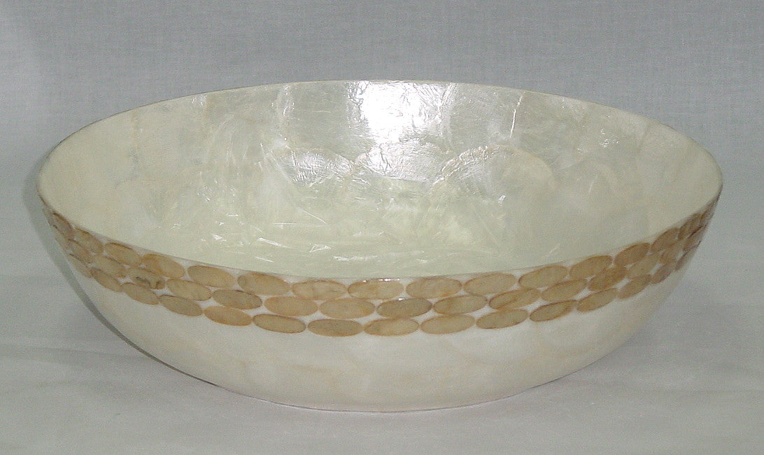 (CA) Natural Colour Capiz Bowl w. Copper Oval Design Border - Handmade! BL204106-T