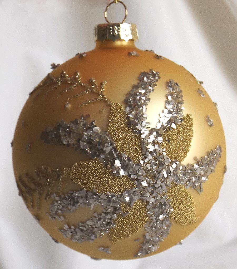 (CH) * Hand Decorated Mouth Blown Glass * Ball Christmas Ornament 10cm *Gold with Glitter* CTB073-1-T