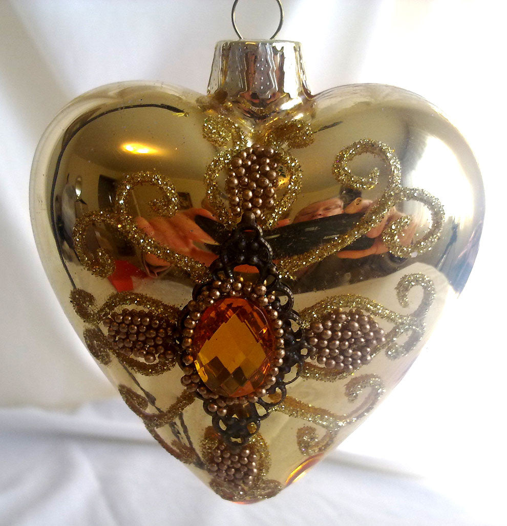 (CH) * Hand Decorated Mouth Blown Glass * Christmas Ornament Heart 08 cm CTH122040-1-T