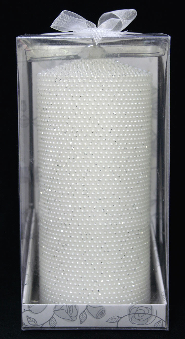 (W) Wedding C - White Beaded Wedding Candle Pillar - Short - CW799B7CW2FF3-T