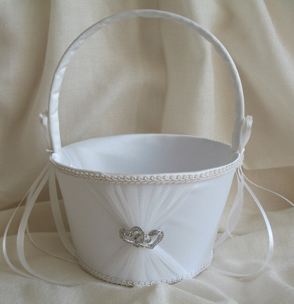 (W) Wedding B - Twin Hearts Flower Girl Basket - Ivory FBI116-T or White FBW116-T