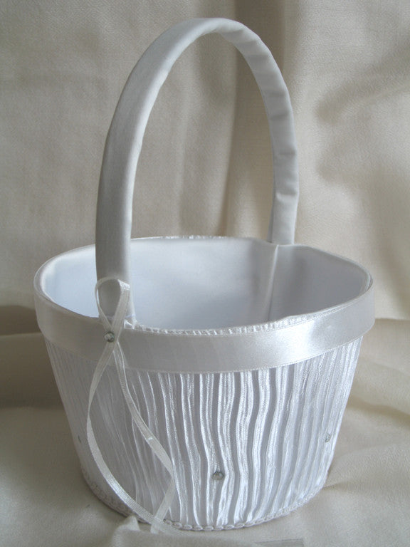 (W) Wedding B - Pleats and Crystals Flower Girl Basket - Ivory FBI143-T or White FBW143-T