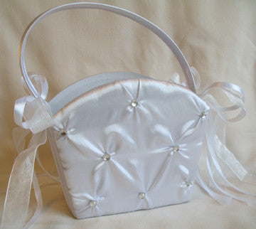 (W) Wedding B - Gathering Satin with Crystals Flower Girl Basket - Ivory FBI97817-T or White FBW97817-T