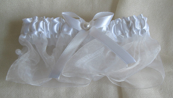 (W) Wedding G - White Organza with Pearls Bridal Garter GTW122(B)-T