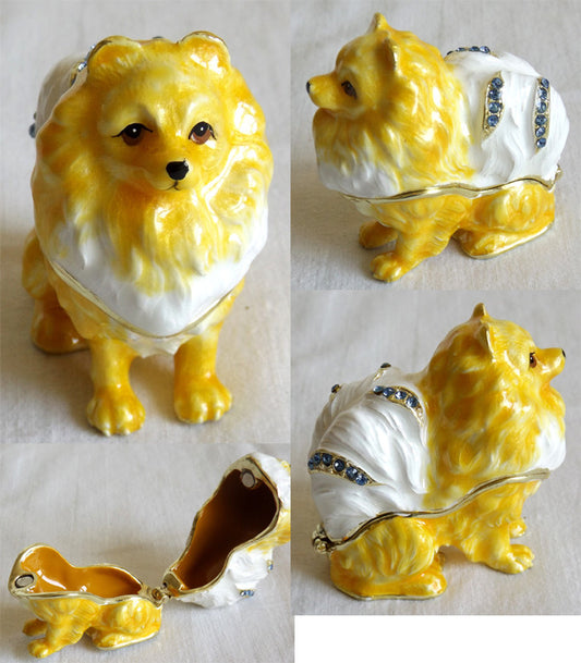 (T) * 24K Brushed Gold Jeweled Pomeranian Dog * Trinket Box *   JB1165
