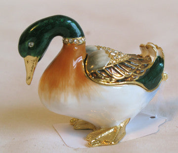 (T) * 24K Brushed Gold Jeweled Mallard Duck *  Trinket Box * JB126K1