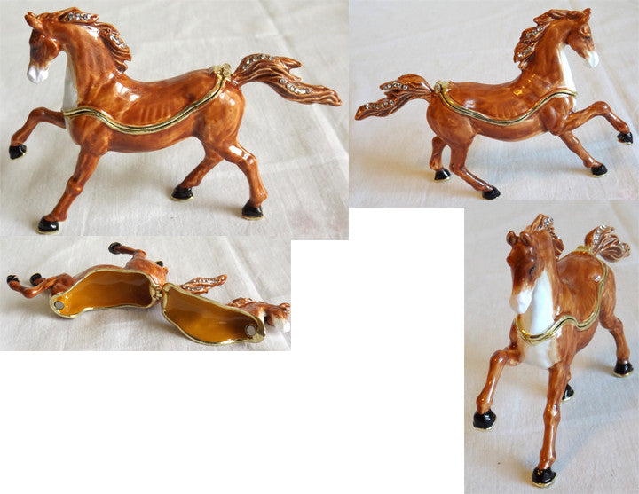 (T) * 24K Brushed Gold Jeweled Brown Horse * Trinket Box * JB1366