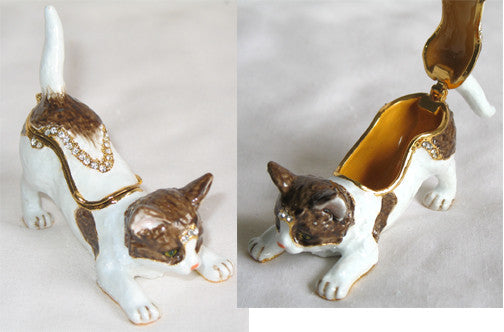 (T) * 24K Brushed Gold Jeweled Kitty * Trinket Box * JB19008