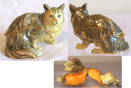 (T) * 24K Brushed Gold Jeweled Persian Cat * Trinket Box * JB19011
