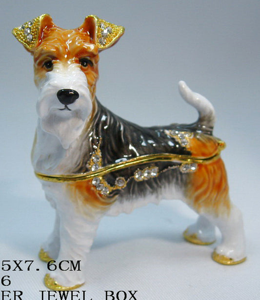 (T)  * 24K Brushed Gold Jeweled Fox Terrier * Trinket Box * JB19120B