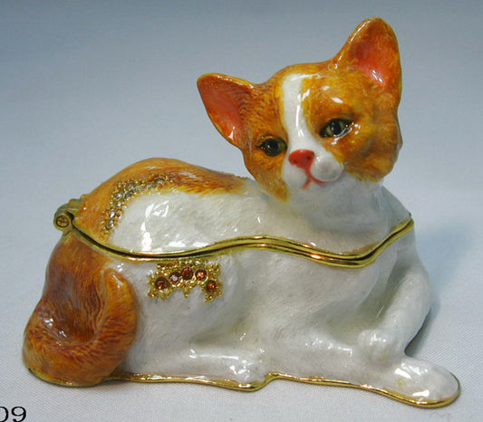 (T) * 24K Brushed Gold Jeweled Curled Cat * Trinket Box * JB29009