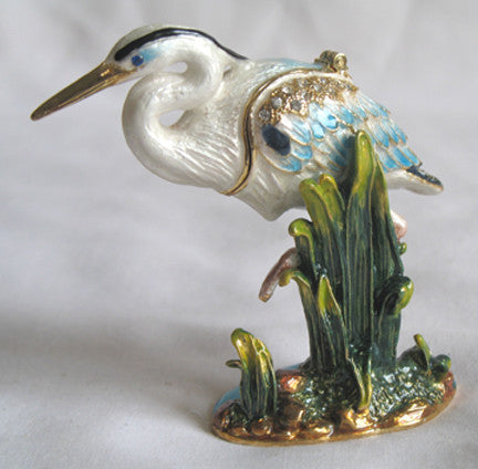 (T) * 24K Brushed Gold Jeweled Blue Heron * Trinket Box * JB341K1