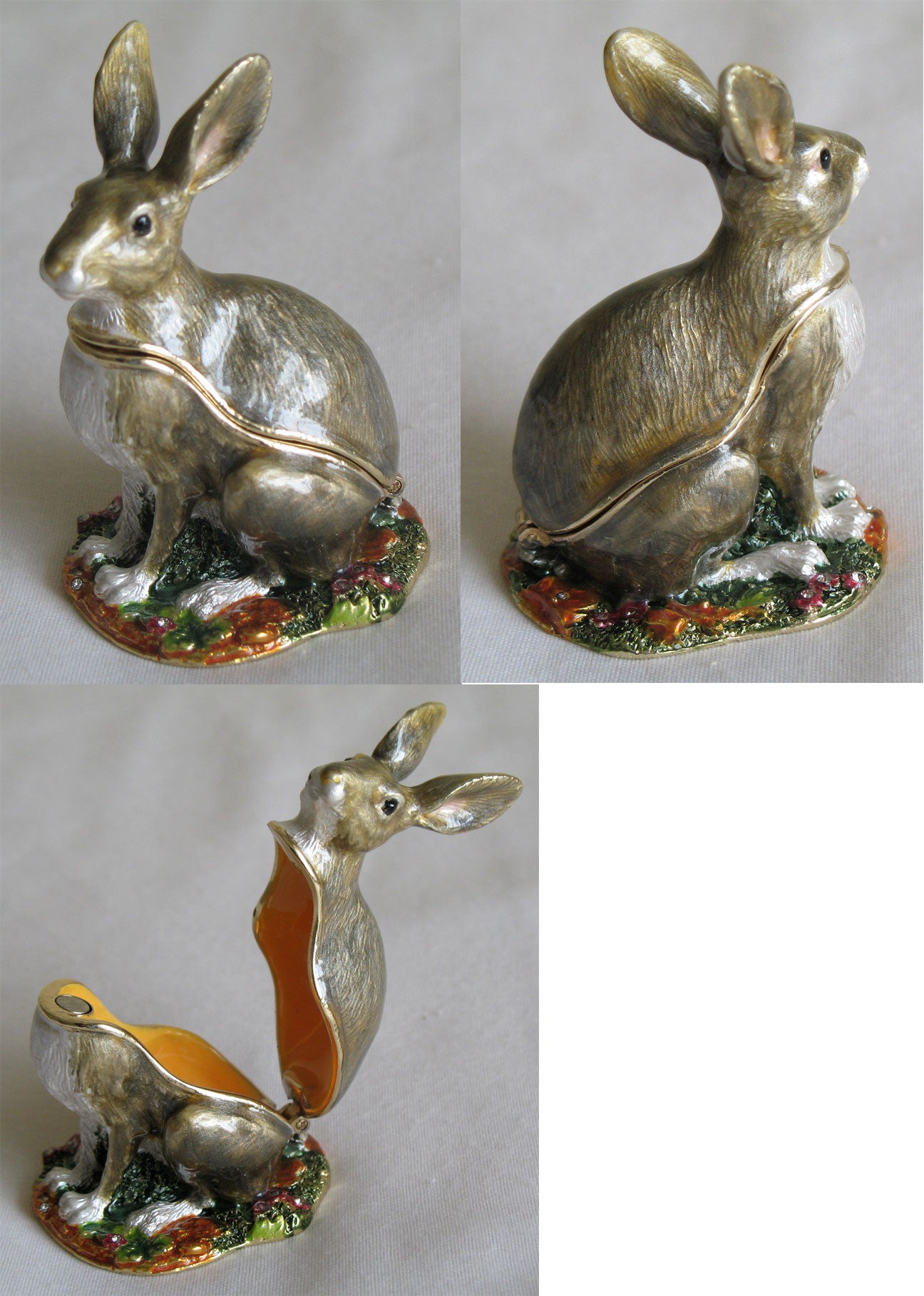 (T) * 24K Brushed Gold Jeweled Gray Rabbit * Trinket Box * JB356K1