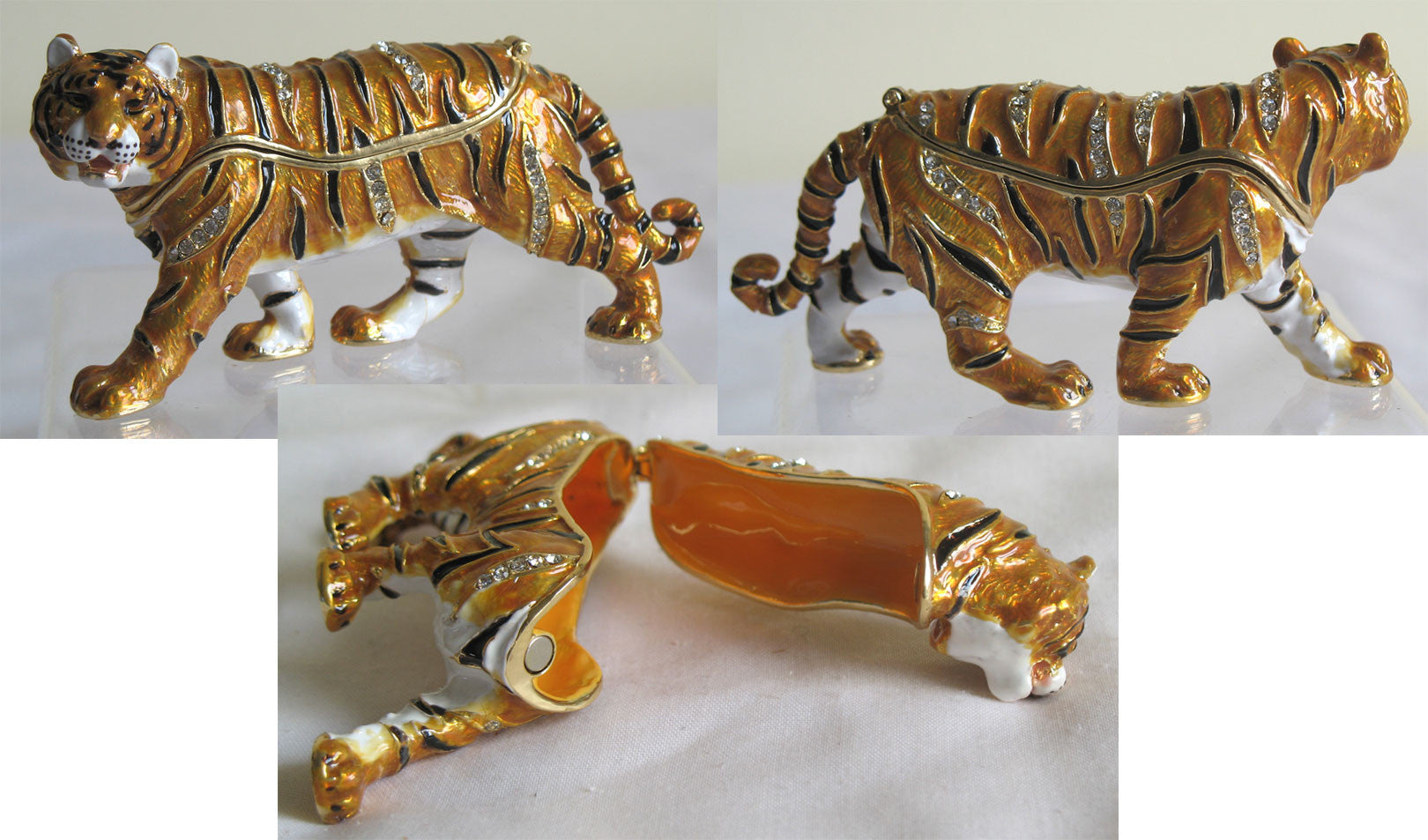 (T) * 24K Brushed Gold Jeweled Tiger * Trinket Box * JB58K1