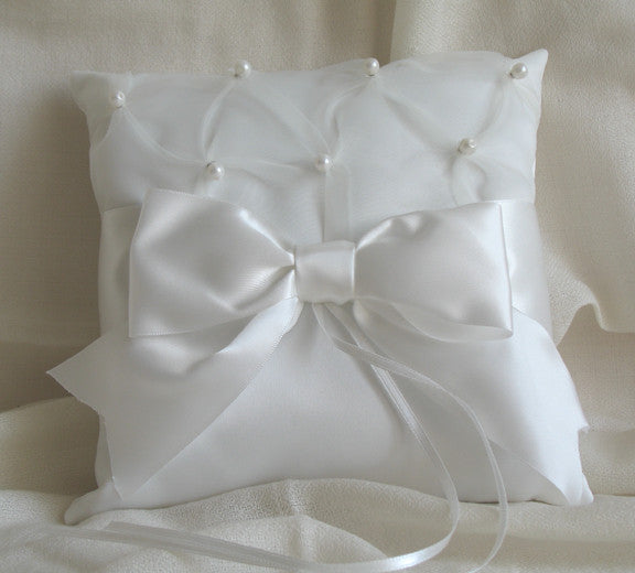 (W) Wedding P - Satin with Organza, Pearls and Large Satin Bow Ring Bearer Pillow - Ivory RPI122(B)-T or White RPW122(B)-T