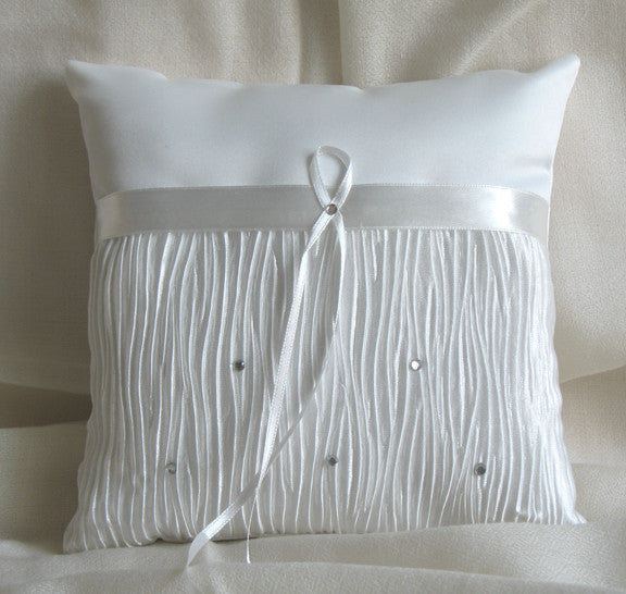 (W) Wedding P - Satin Ring Bearer Pillow with Pleats and Crystals - Ivory RPI143-T or White RPW143-T