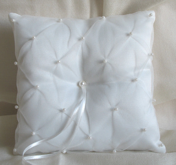 (W) Wedding P - Chiffon and Pearls Ring Bearer Pillow - Ivory RPI29-T or White RPW29-T