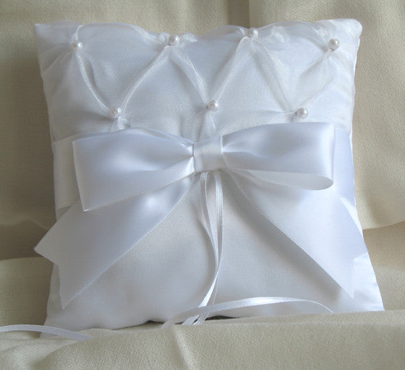 (W) Wedding P - Satin with Organza, Pearls and Large Satin Bow Ring Bearer Pillow - Ivory RPI122(B)-T or White RPW122(B)-T