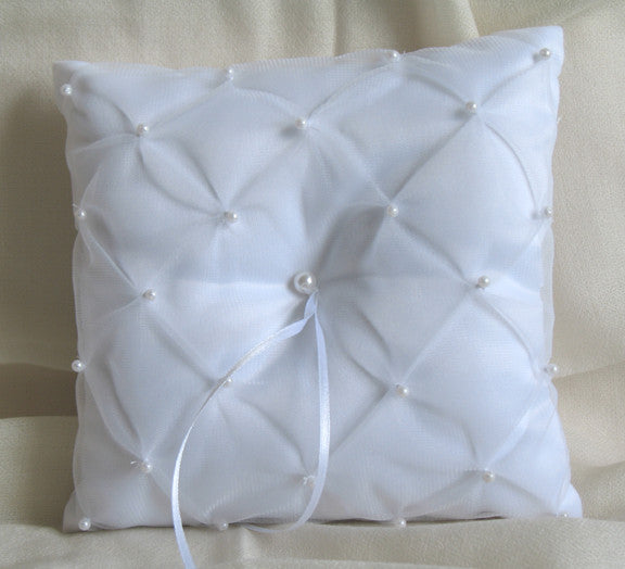 (W) Wedding P - Chiffon and Pearls Ring Bearer Pillow - Ivory RPI29-T or White RPW29-T