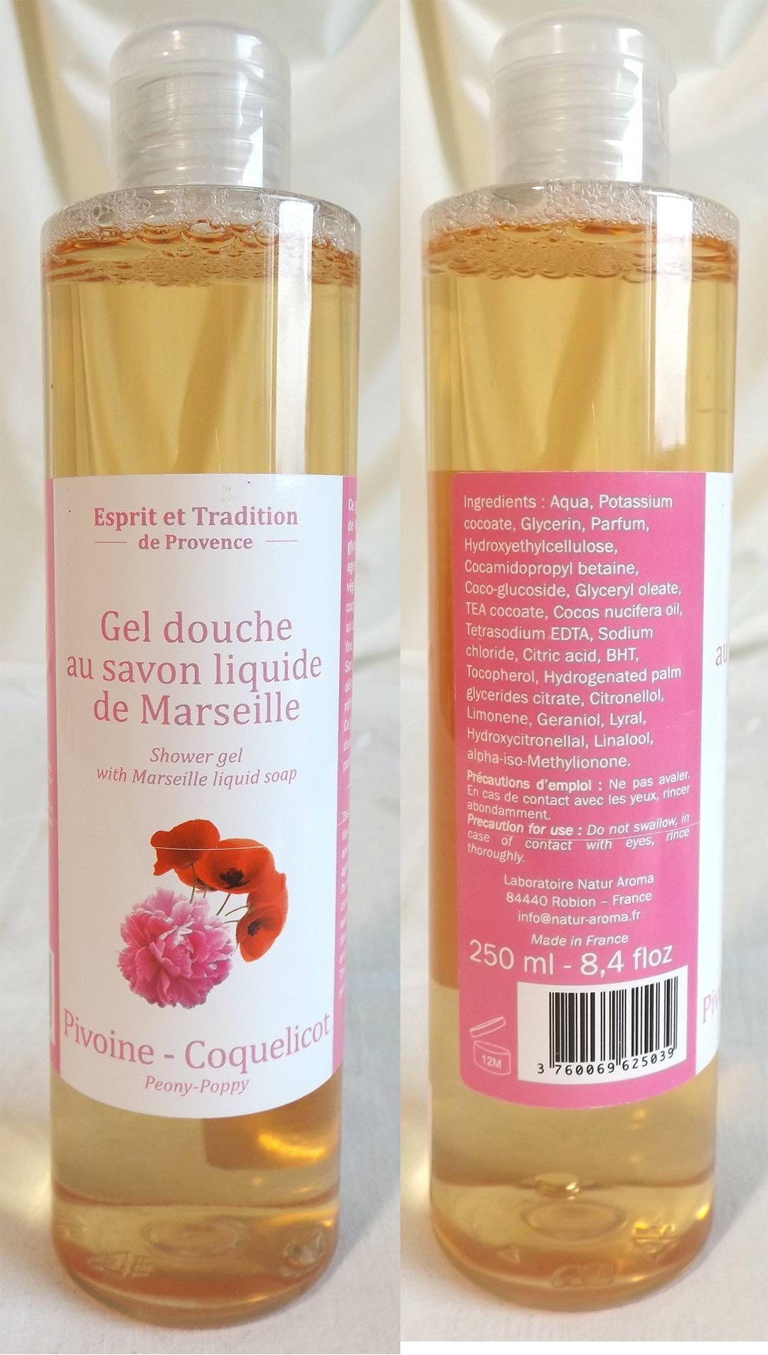 (S) Shower gel 250 ml with Marseille soap - LIMITED STOCK- Peony-Poppy Fragrance