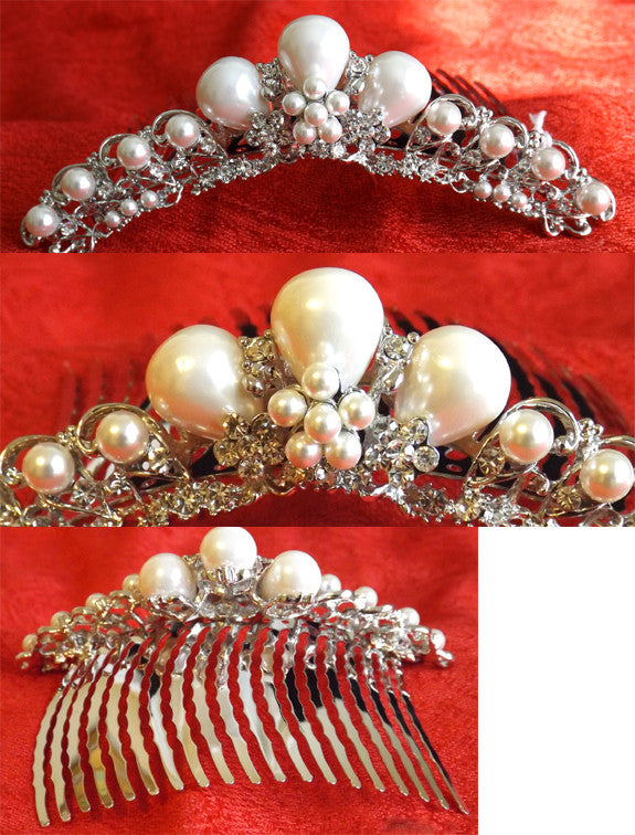 (W) Wedding H - Wedding Hair Jeweled & Pearled Mini Tiara, 11 cm x 2.5 cm high SH6035-T